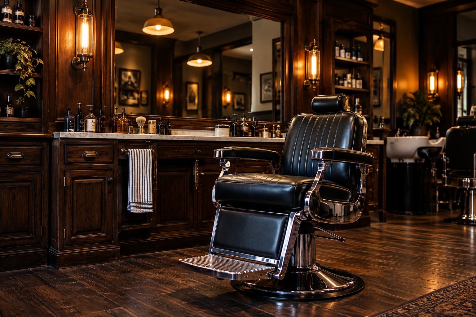 A barber chair in a warmly lit shop